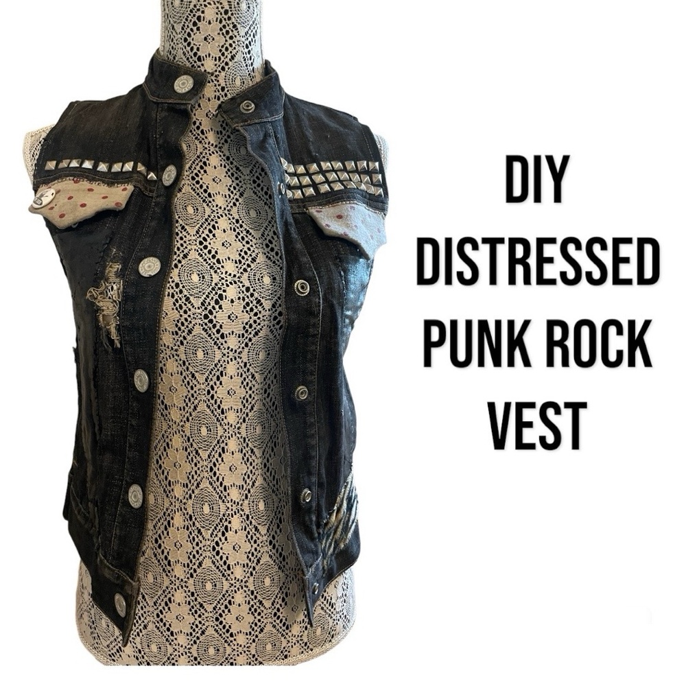 DIY distressed puck rock jean vest size small